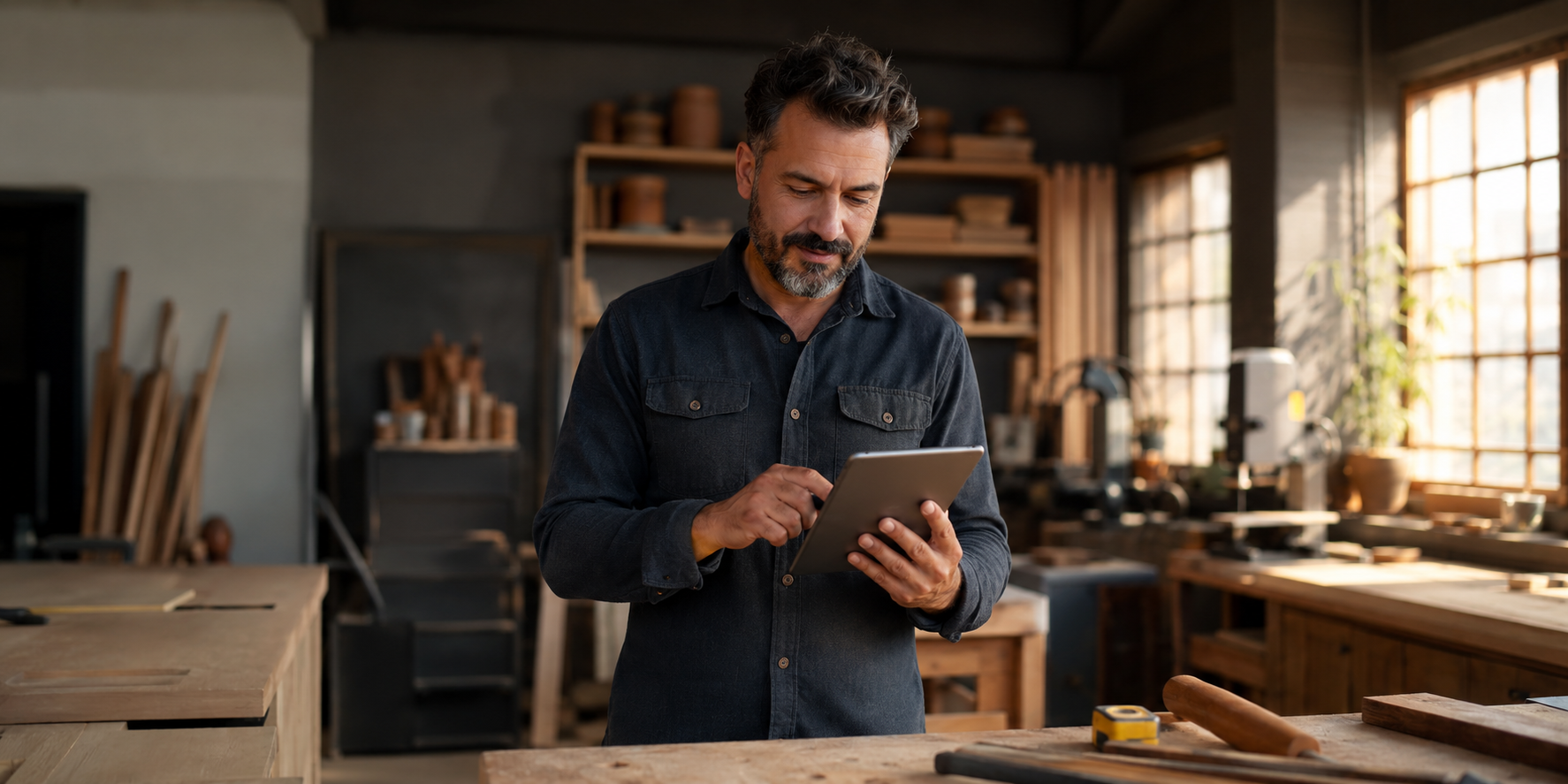 Emprendedor gestionando su taller desde una tableta