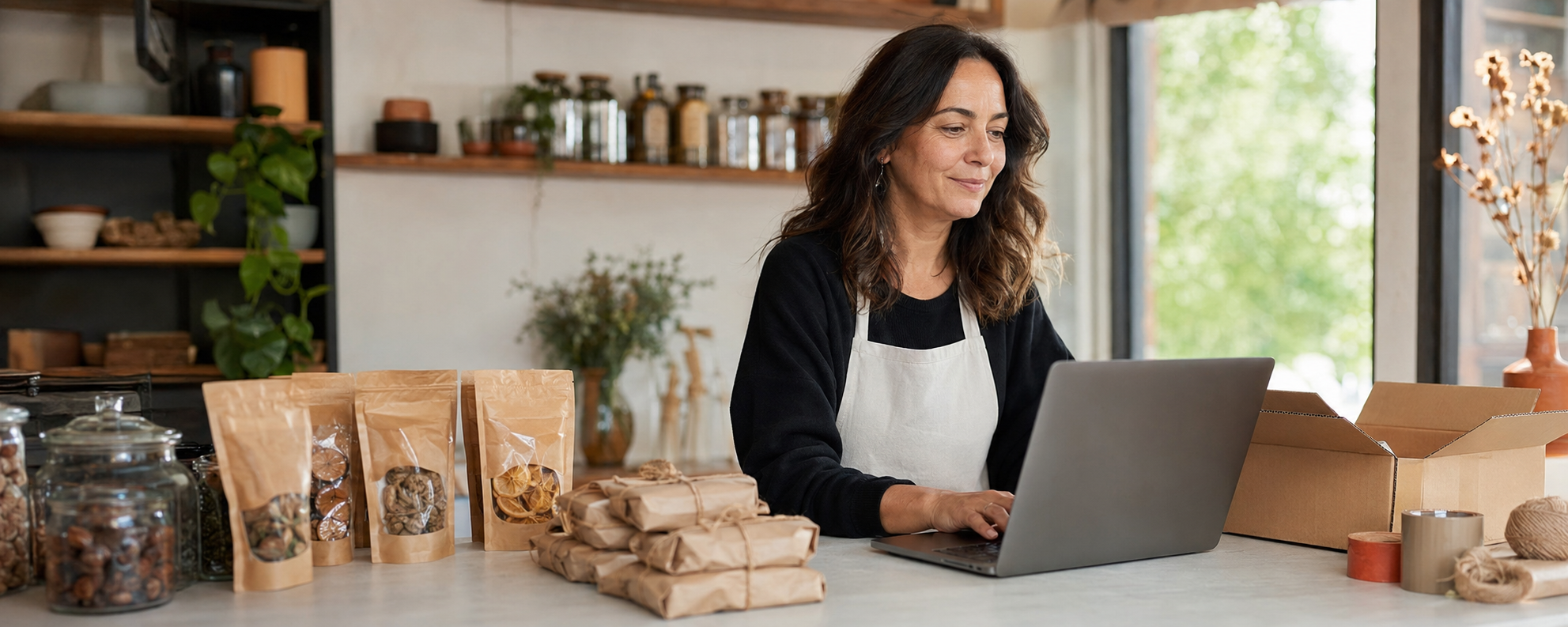 Emprendedora revisando pedidos de sus productos